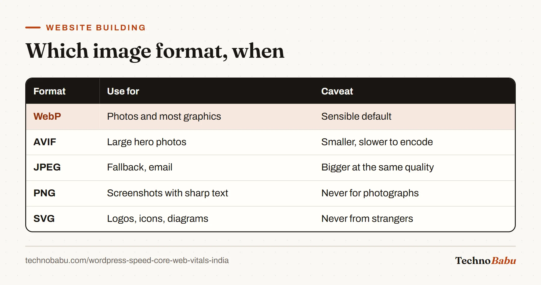 Table of image formats: WebP as the default, AVIF for large heroes, JPEG as fallback, PNG for screenshots, and SVG for logos and icons.
