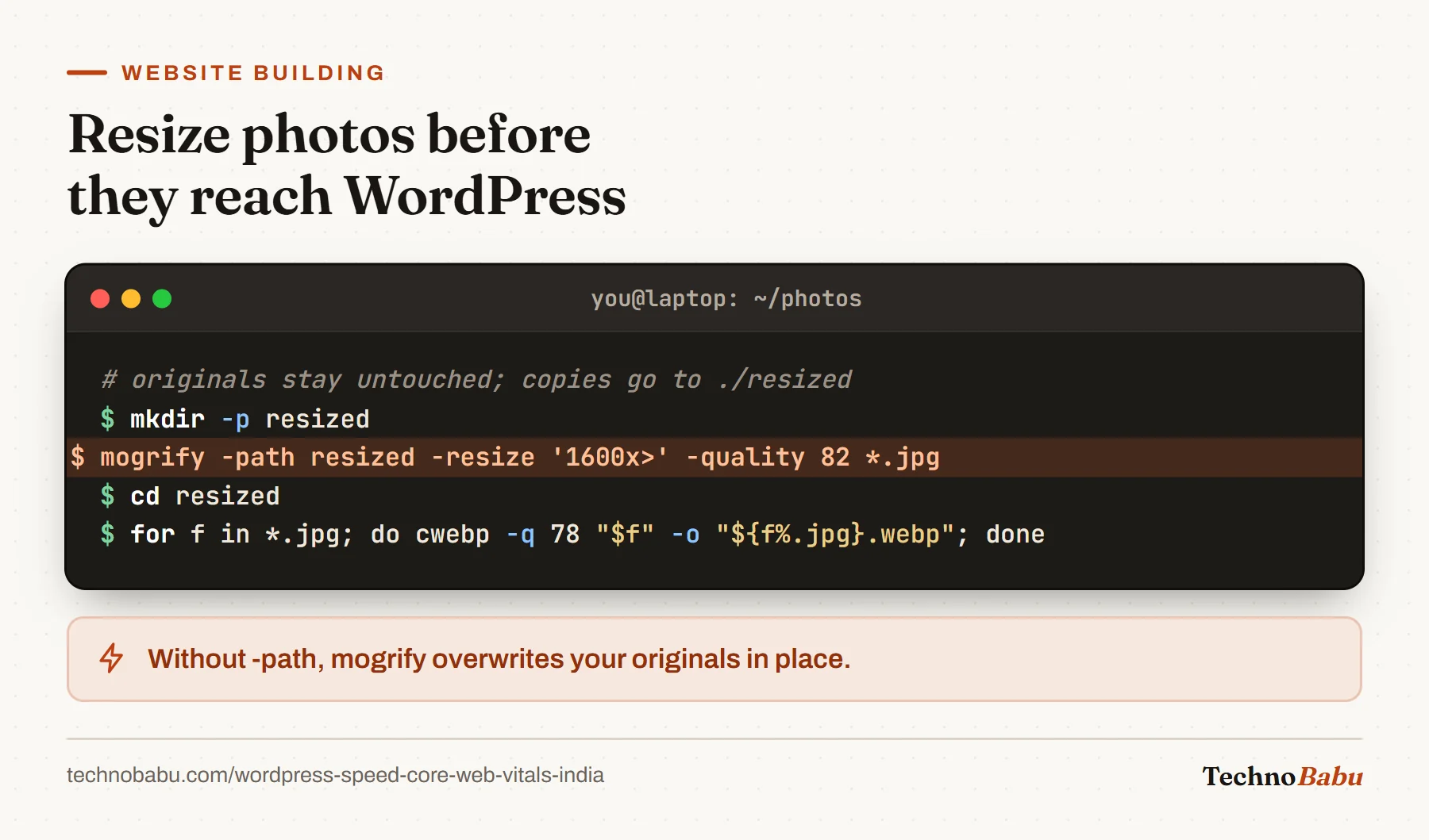 Terminal: mogrify resizes JPEGs wider than 1600 pixels into a resized folder at quality 82, then cwebp converts each to WebP at quality 78.